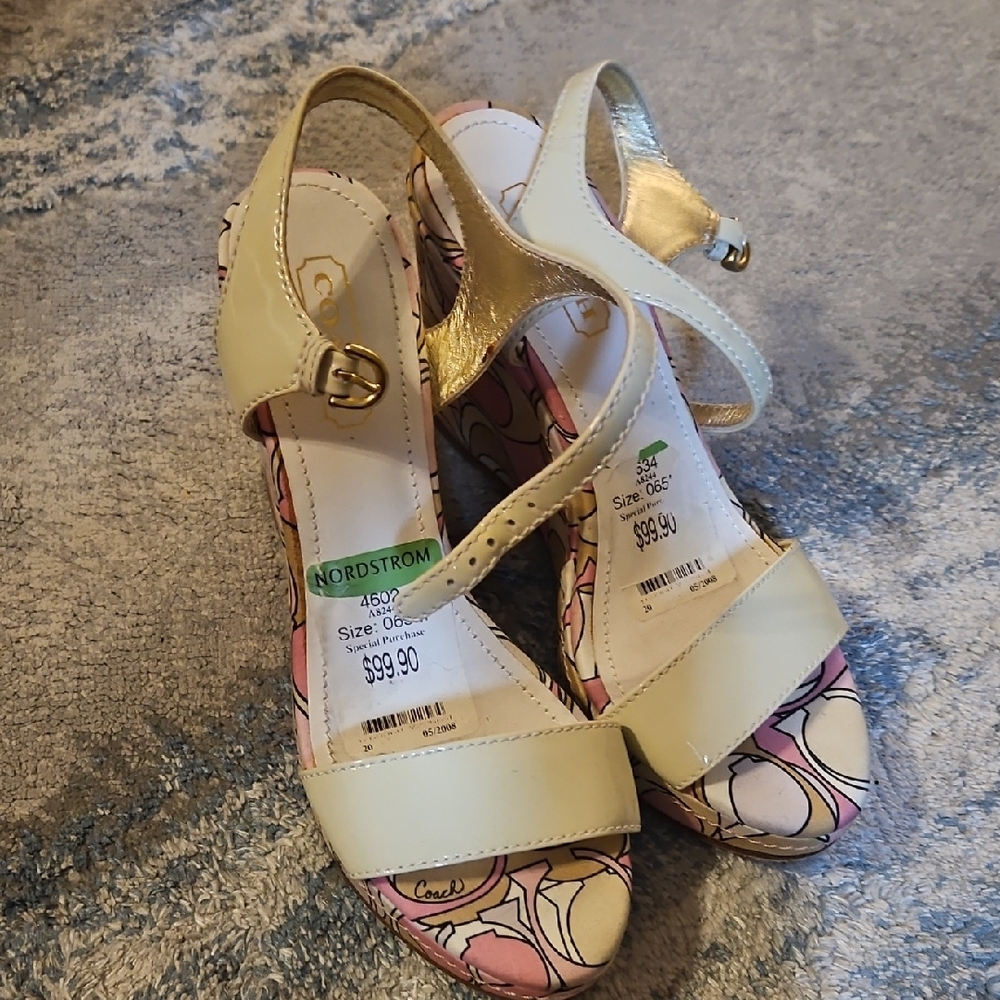 Coach Cream and Pink Women's Wedge Sandals